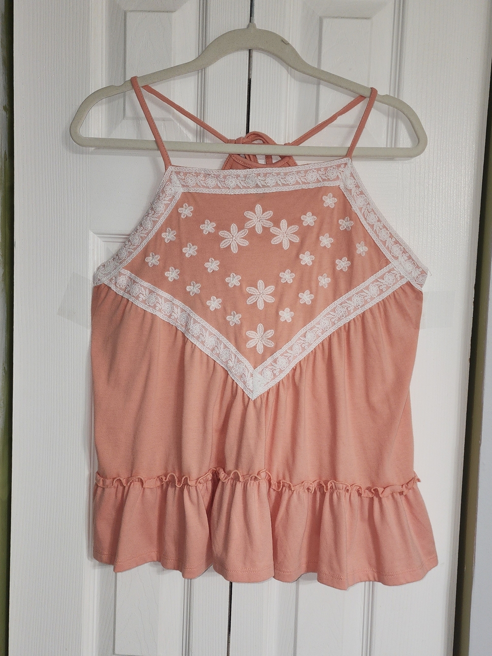 Embroidered Floral Lace Trim Peach Pink Halter Camisole Size L Babydoll - Picture 9 of 9